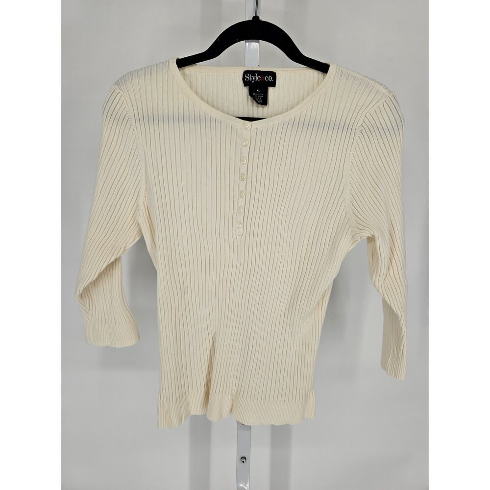 Style & Co Womens Sz XL Cotton Blend 3/4 Sleeve Thick Ribbed Top Cream Ivory